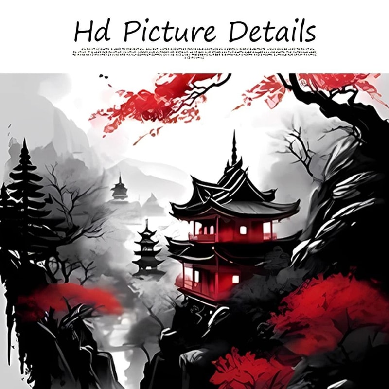 Japanese Wall Art Set Vintage Landscape Canvas Prints In Black And Red Oriental Decor 5