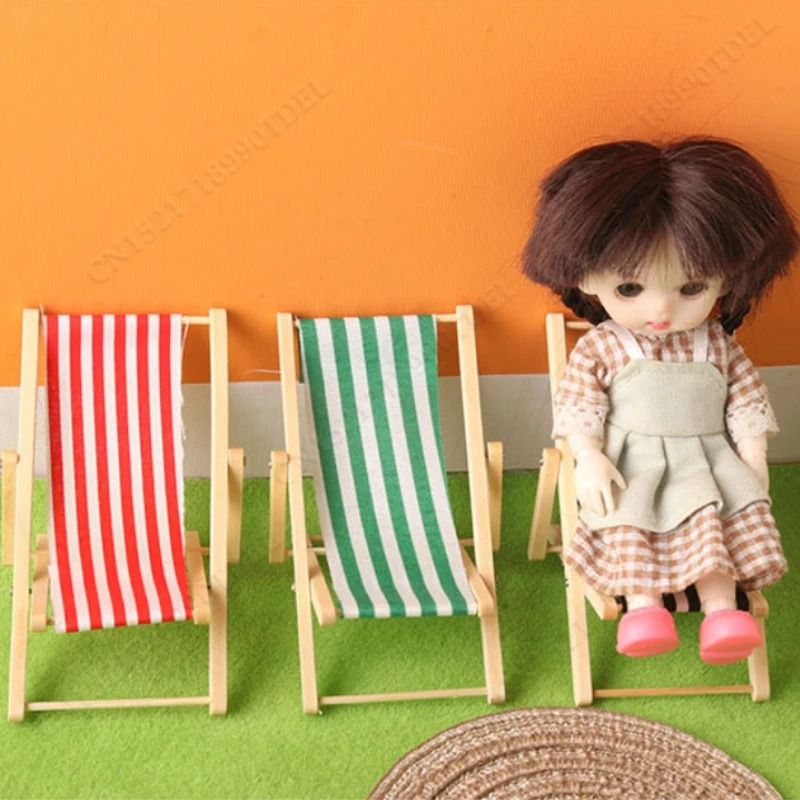 Mini Beach Chair Dollhouse Furniture Wooden Recliner Model For Outdoor Scene Decor 9