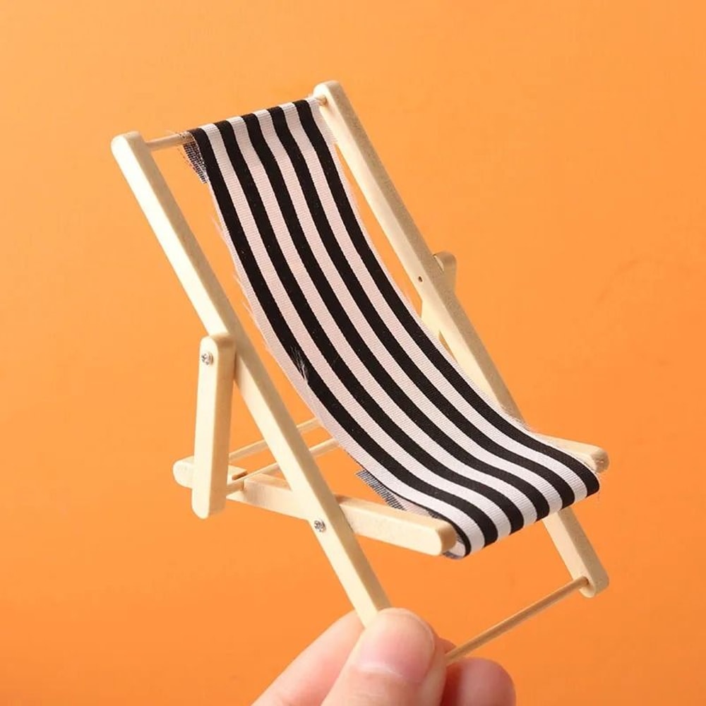 Mini Beach Chair Dollhouse Furniture Wooden Recliner Model For Outdoor Scene Decor 5