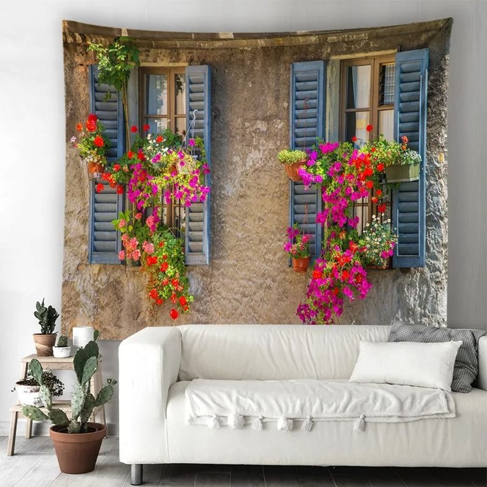 Window Scenery Wall Tapestry Nature View Mural Background Decor 26