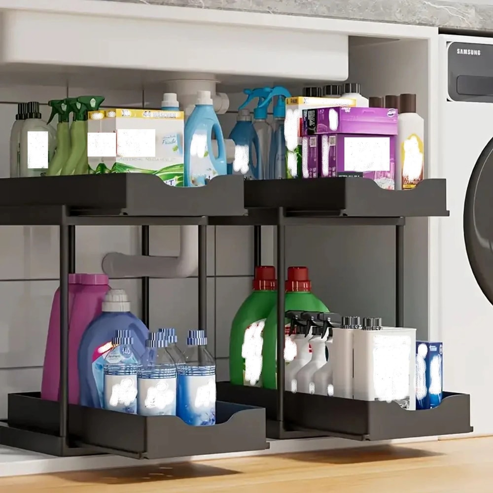 Double Layer Pull Out Under Sink Organizer With Hooks Storage Rack 0