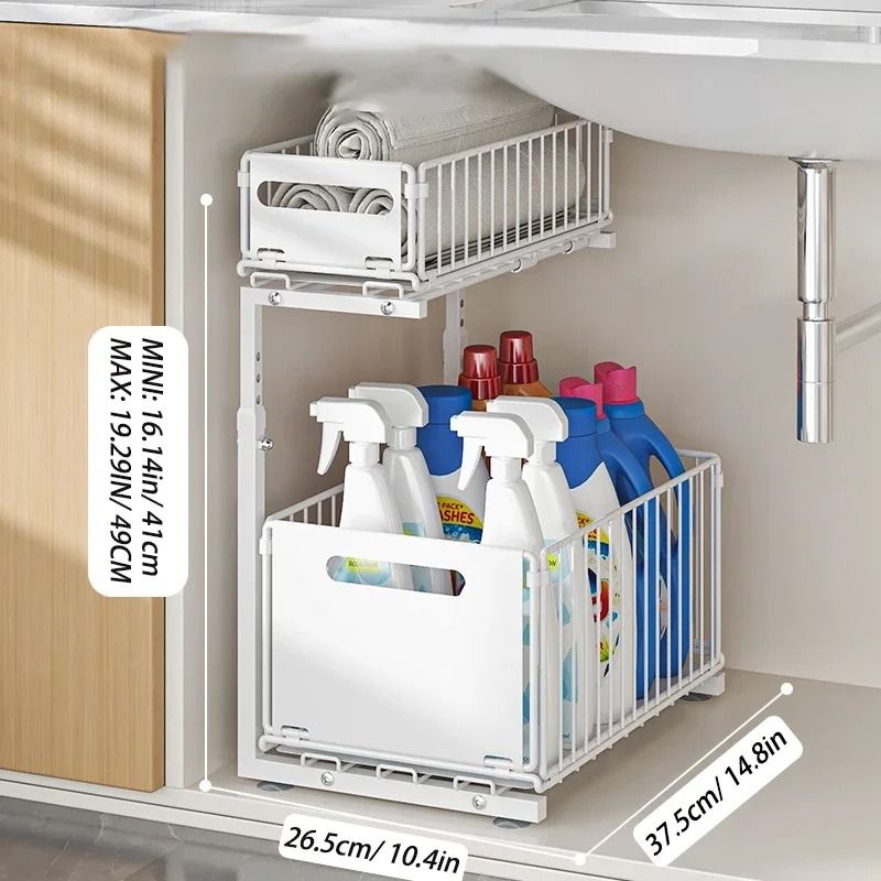 Adjustable Pull Out Under Sink Organizer 2 Tier Sliding Cabinet Shelf Storage 3