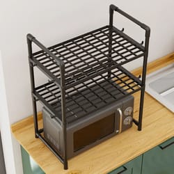 adjustable microwave oven rack countertop kitchen storage shelf with hooks