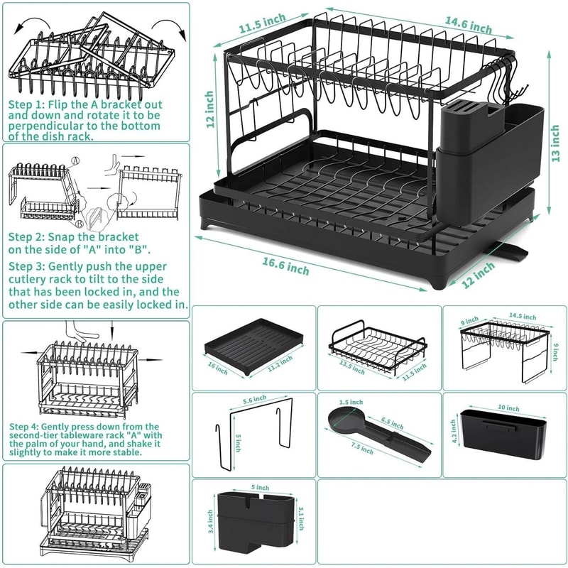 2 Tier Dish Drying Rack With Drip Tray Countertop Kitchen Organizer 3