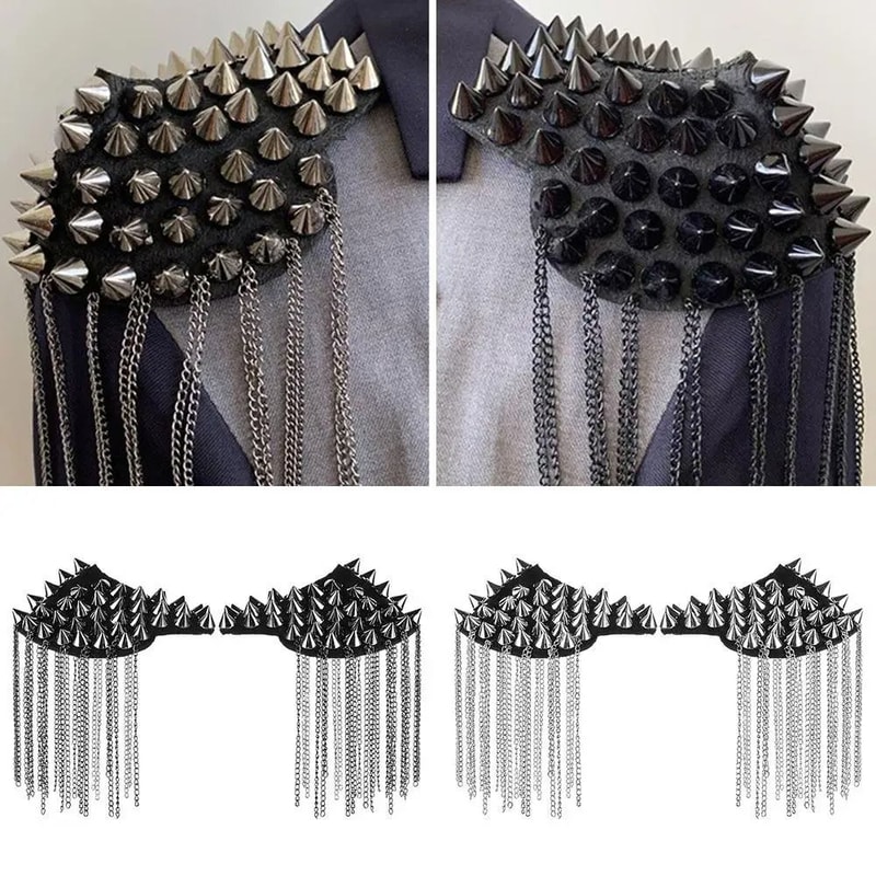 Punk Chain Tassel Shoulder Brooch Metal Epaulet Shoulder Pins Fashion Accessory Set 0
