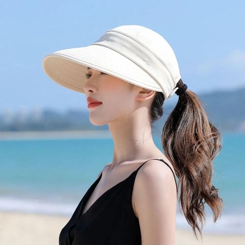 Womens Wide Brim Sun Hat Foldable Ponytail UV Protection Summer Cap 4