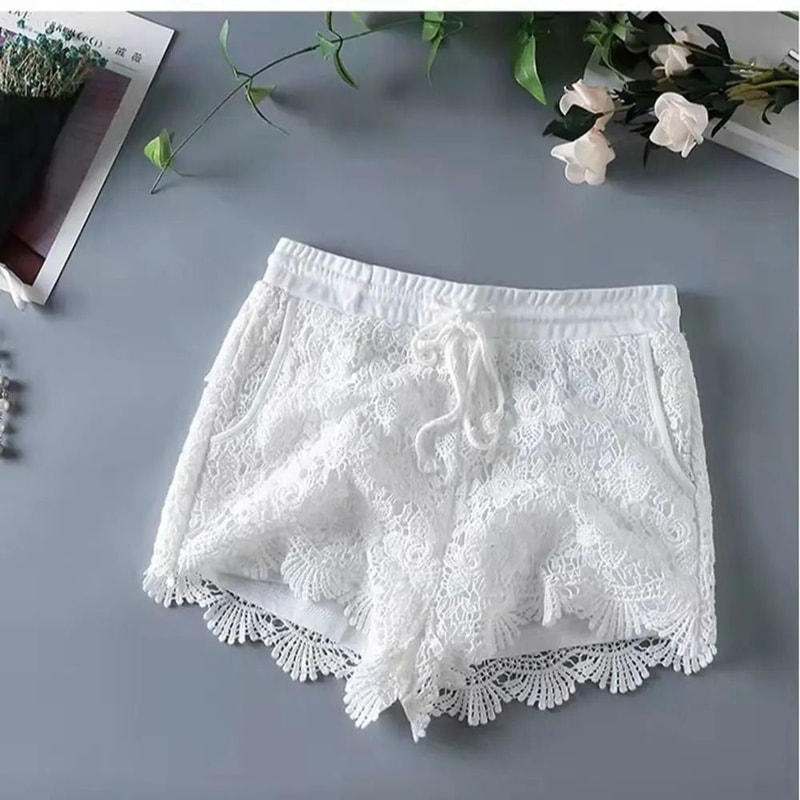 Boho Crochet Shorts High Waist Lace Up Summer Beach Shorts For Women 5