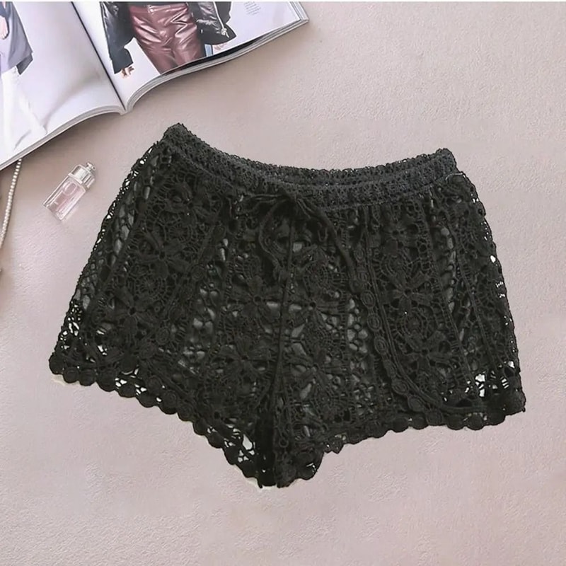 Boho Crochet Shorts High Waist Lace Up Summer Beach Shorts For Women 1