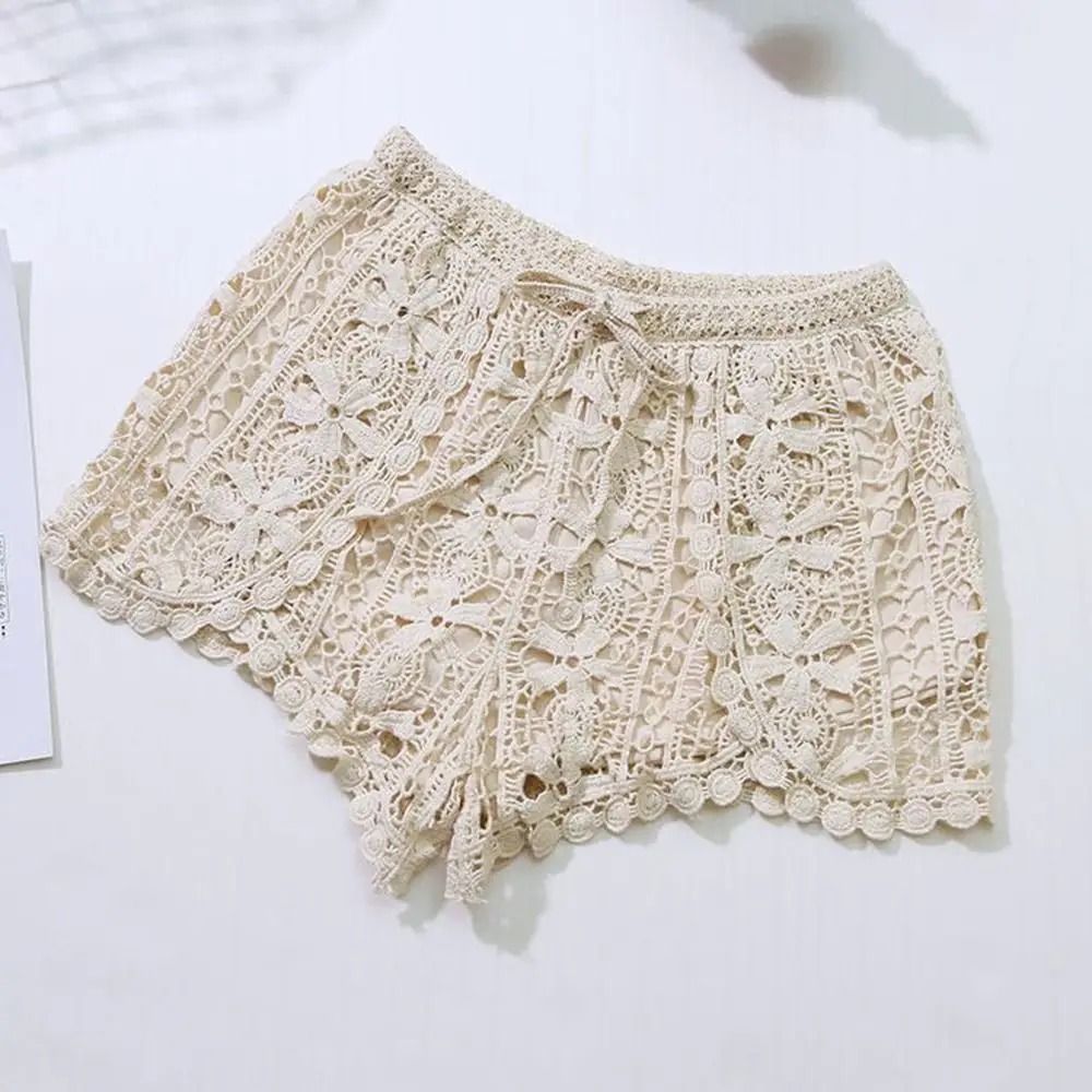 Boho Crochet Shorts High Waist Lace Up Summer Beach Shorts For Women 8