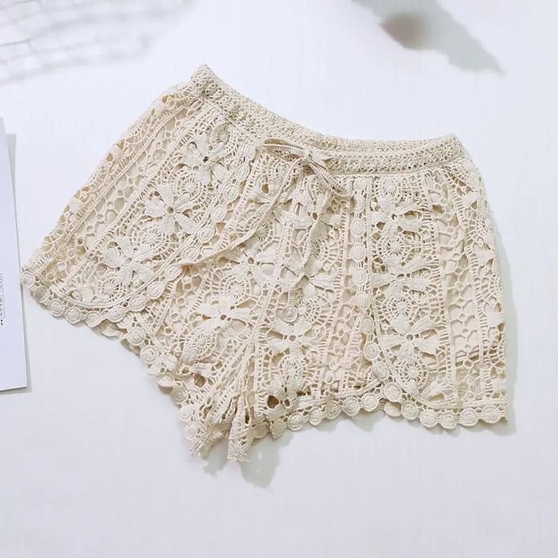 Boho Crochet Shorts High Waist Lace Up Summer Beach Shorts For Women 8