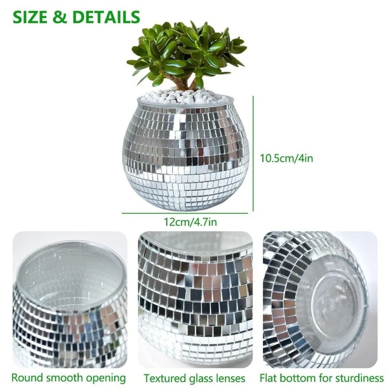 Disco Ball Planter Mirror Glass Flower Pot Silver Decorative Vase 2