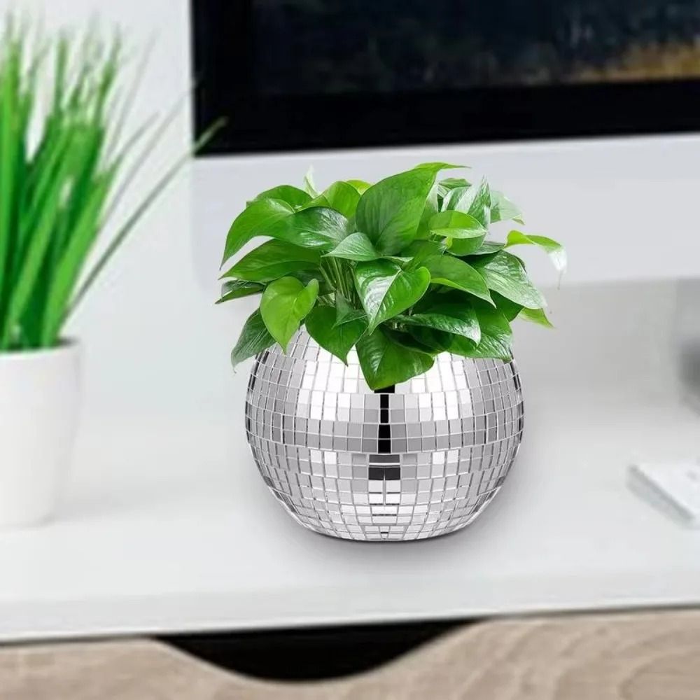 Disco Ball Planter Mirror Glass Flower Pot Silver Decorative Vase 5
