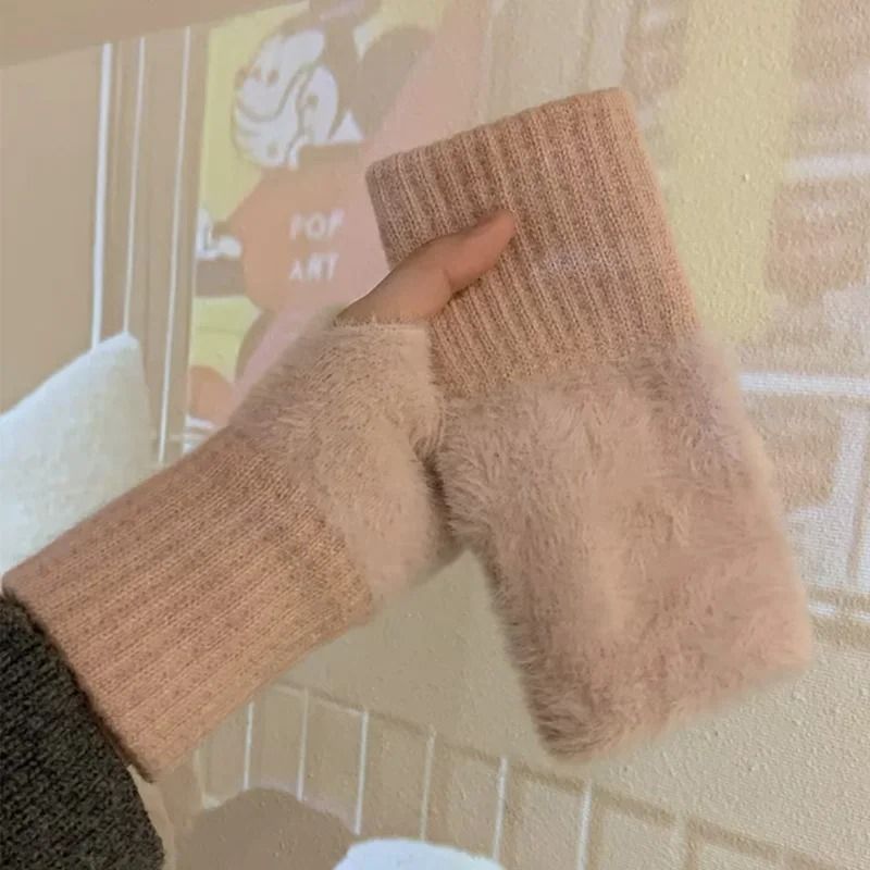 Warm Plush Fingerless Gloves Women Knitted Half Finger Winter Mittens 4