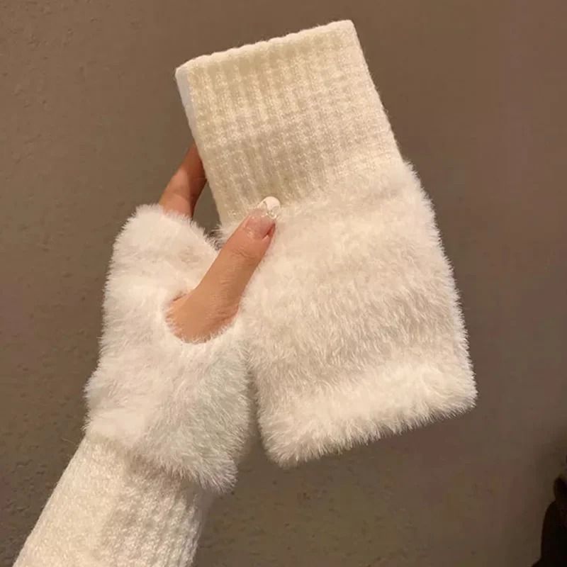 Warm Plush Fingerless Gloves Women Knitted Half Finger Winter Mittens 9