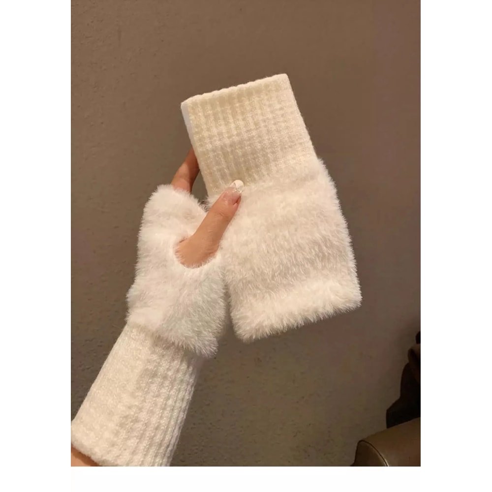Warm Plush Fingerless Gloves Women Knitted Half Finger Winter Mittens 2