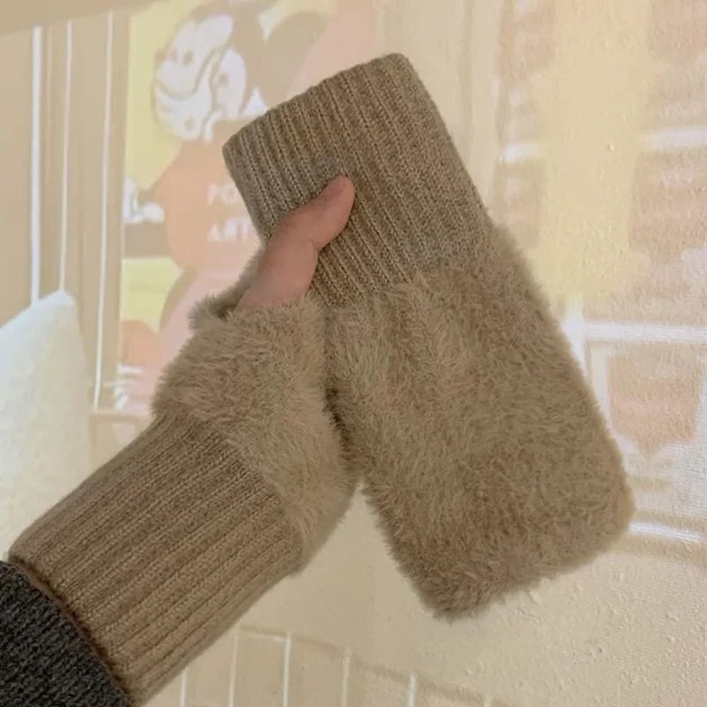 Warm Plush Fingerless Gloves Women Knitted Half Finger Winter Mittens 3