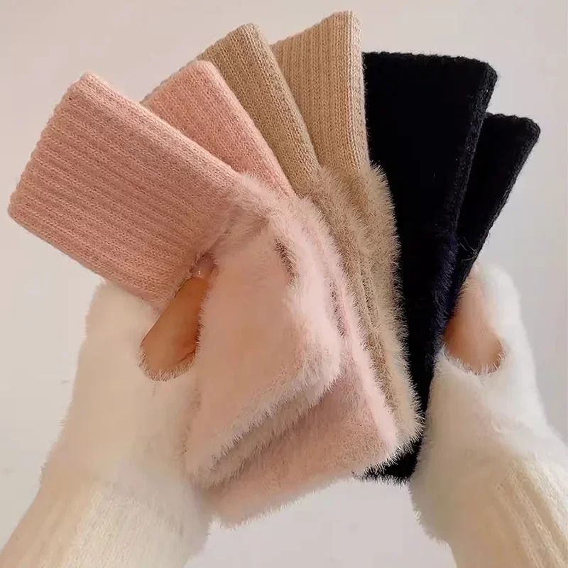 Warm Plush Fingerless Gloves Women Knitted Half Finger Winter Mittens 0