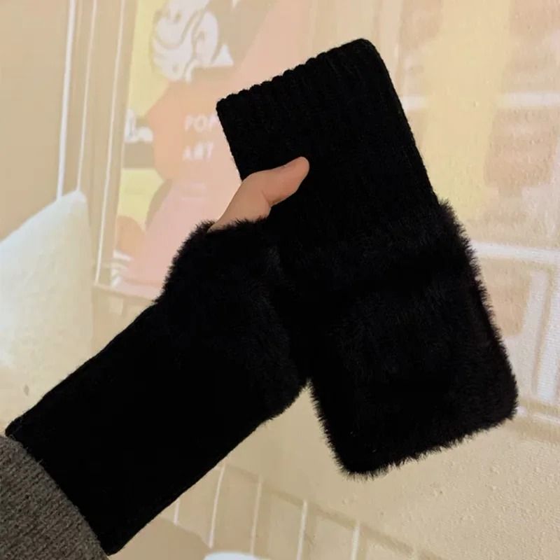 Warm Plush Fingerless Gloves Women Knitted Half Finger Winter Mittens 1