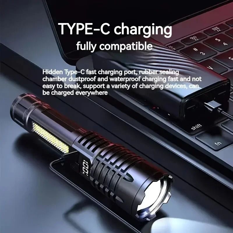 High Power LED Flashlight Rechargeable USB C Camping Torch With Side Light 12