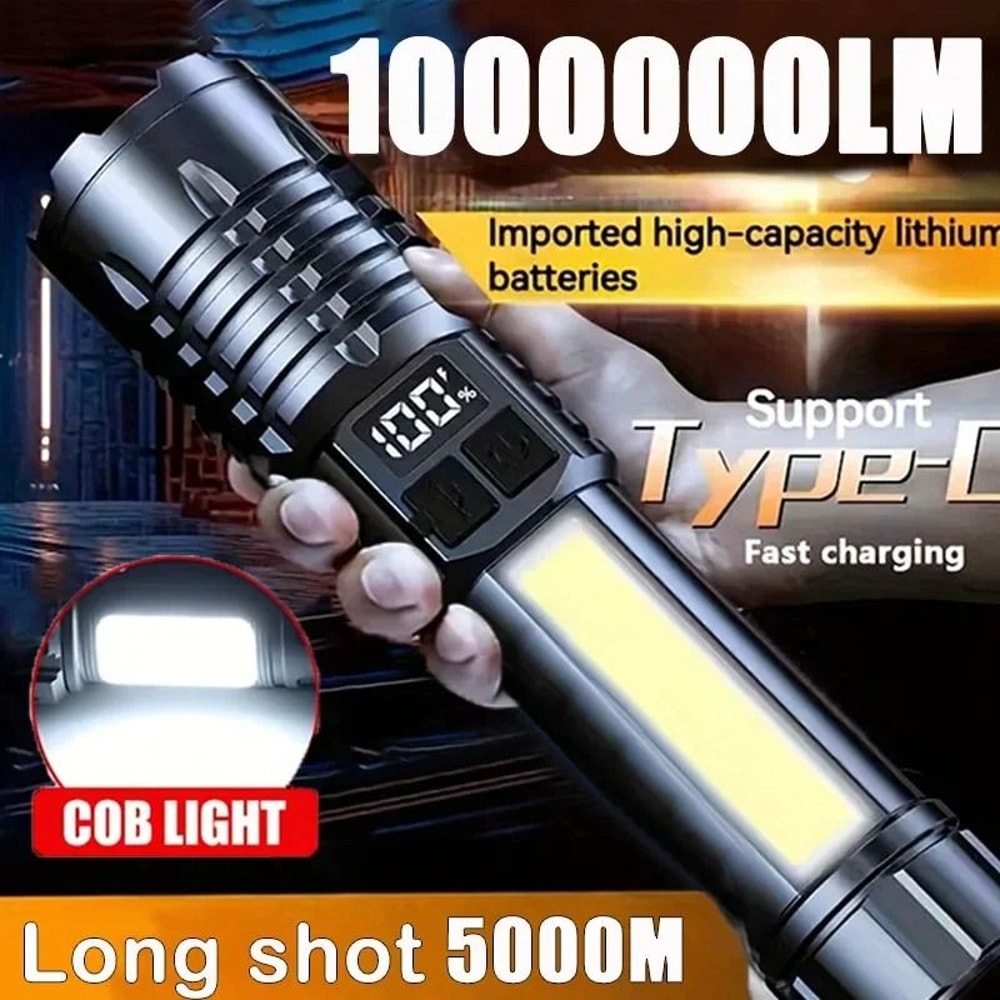 High Power LED Flashlight Rechargeable USB C Camping Torch With Side Light 0