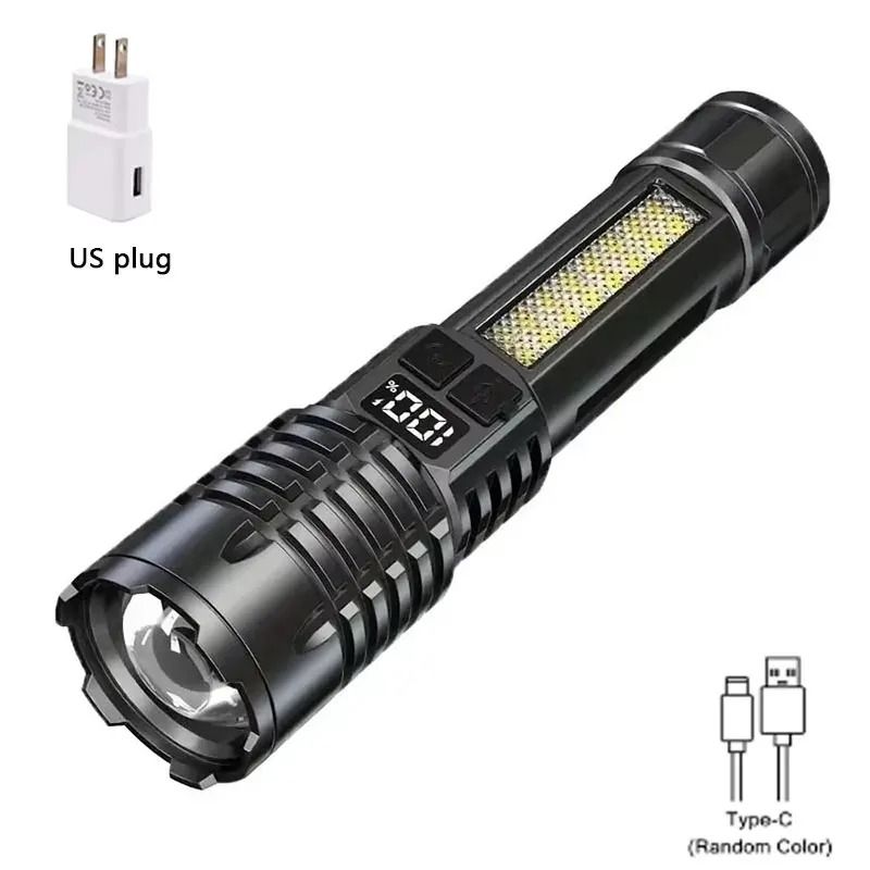 High Power LED Flashlight Rechargeable USB C Camping Torch With Side Light 5