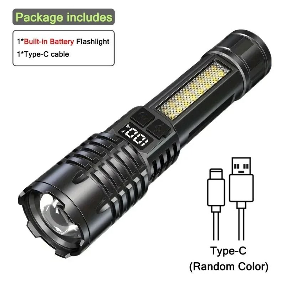 High Power LED Flashlight Rechargeable USB C Camping Torch With Side Light 2