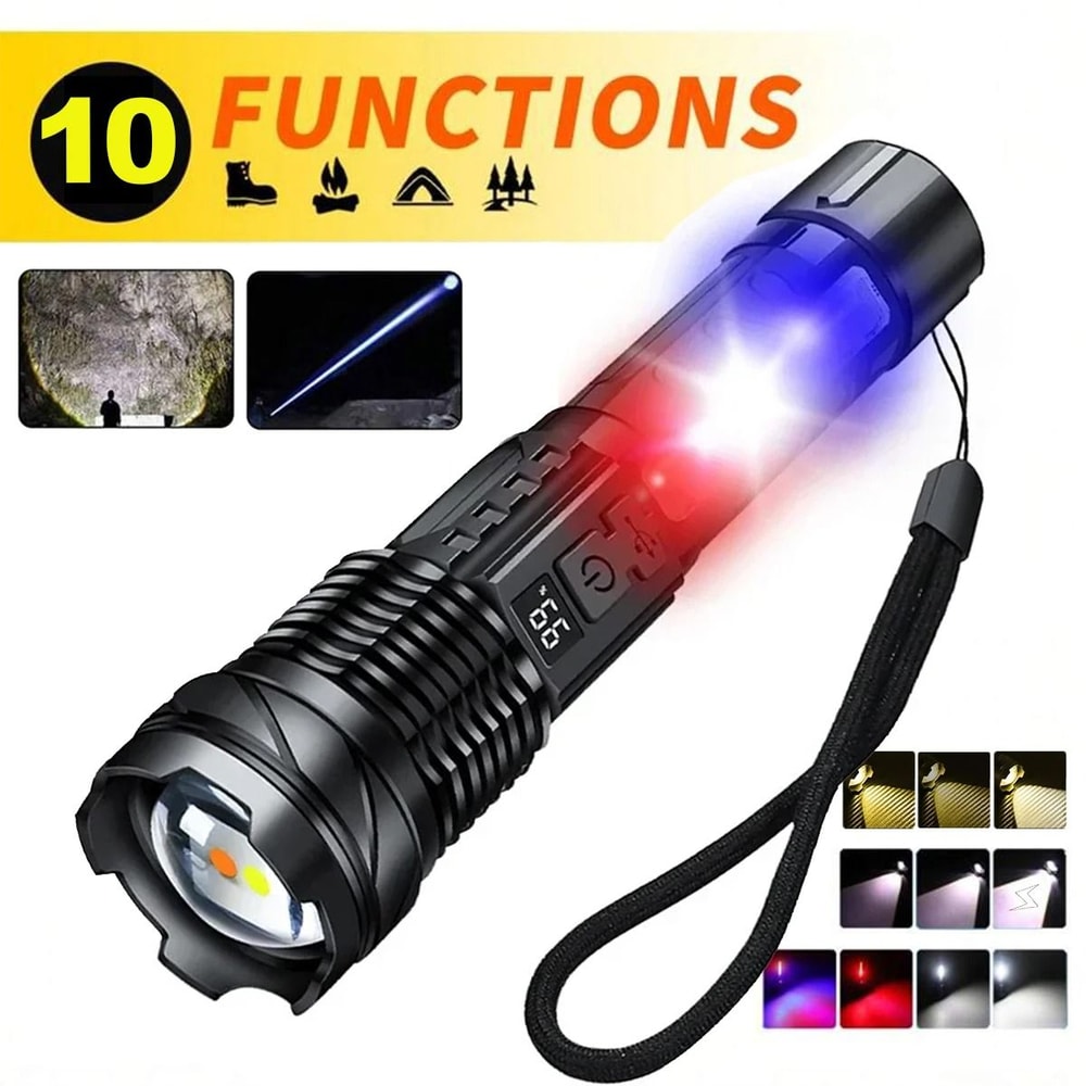 High Power LED Flashlight Rechargeable USB C Camping Torch With Side Light 8