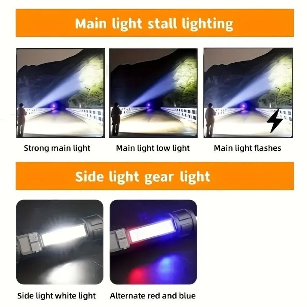 High Power LED Flashlight Rechargeable USB C Camping Torch With Side Light 10
