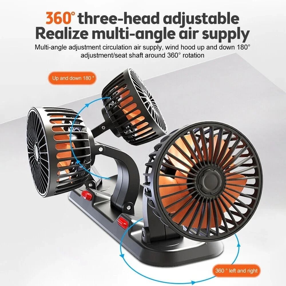 Triple Head Car Fan 360 Adjustable USB 12V Cooling Fan Silent Air Circulator 12