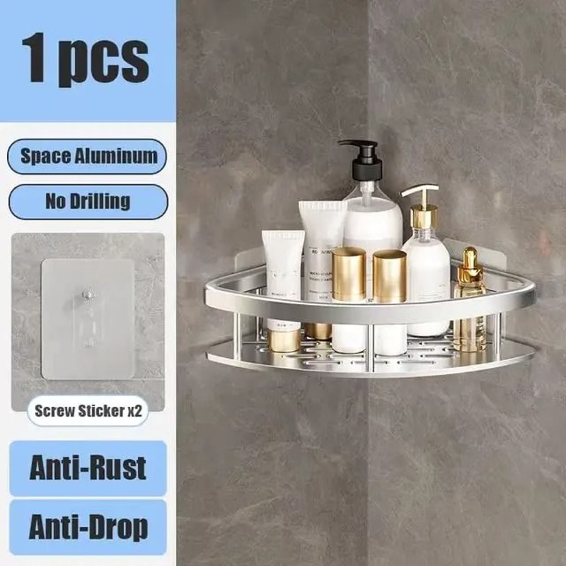 No Drill Bathroom Shelf Wall Mounted Shower Corner Rack Aluminum Storage Organizer 2
