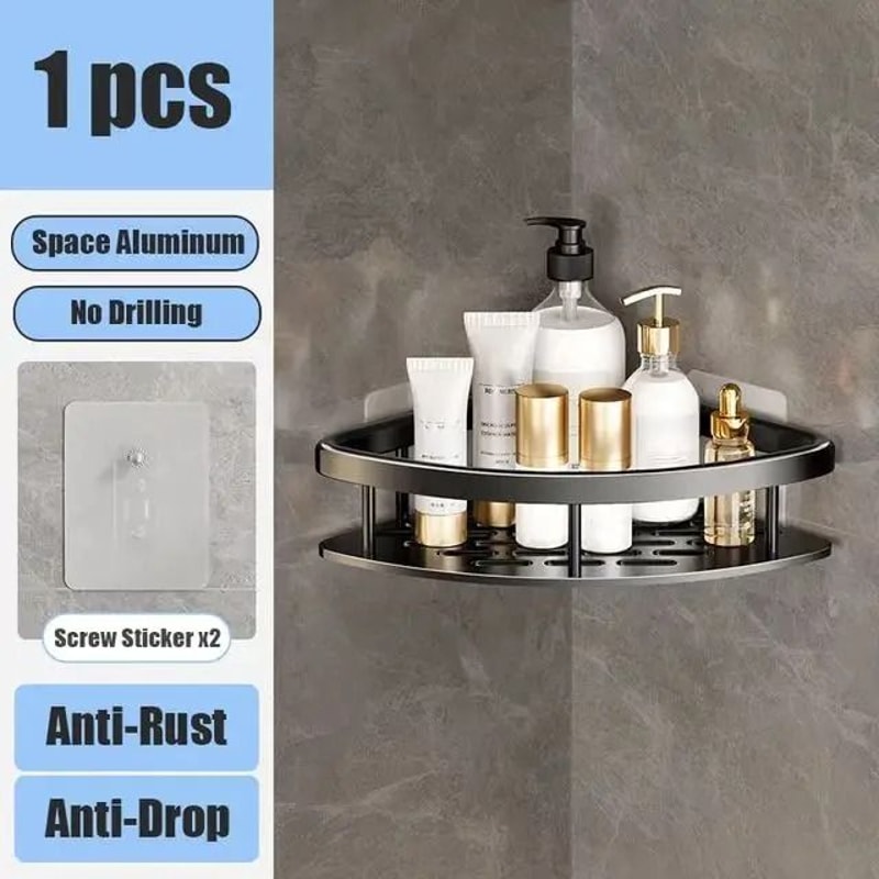 No Drill Bathroom Shelf Wall Mounted Shower Corner Rack Aluminum Storage Organizer 3