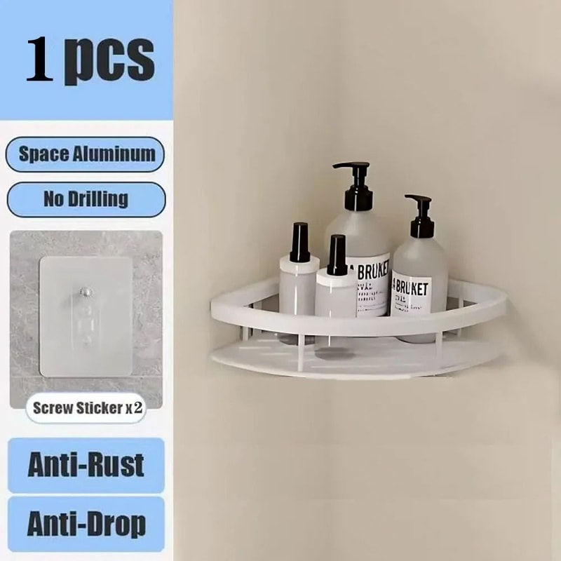 No Drill Bathroom Shelf Wall Mounted Shower Corner Rack Aluminum Storage Organizer 1