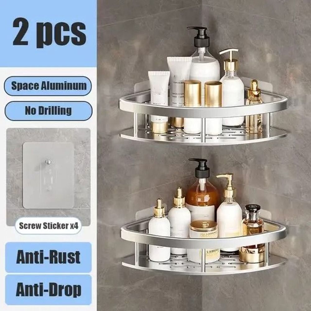 No Drill Bathroom Shelf Wall Mounted Shower Corner Rack Aluminum Storage Organizer 8