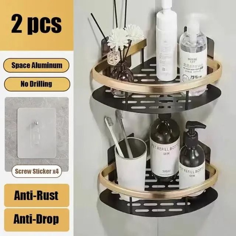 No Drill Bathroom Shelf Wall Mounted Shower Corner Rack Aluminum Storage Organizer 14