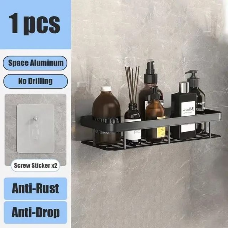 No Drill Bathroom Shelf Wall Mounted Shower Corner Rack Aluminum Storage Organizer 6