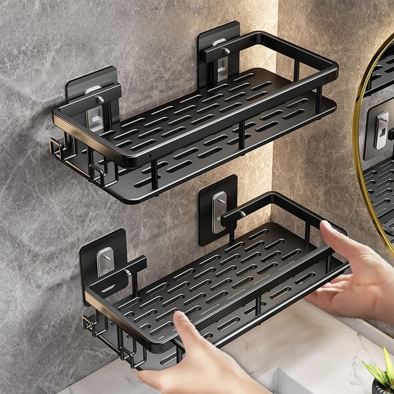 No Drill Bathroom Shelf Wall Mounted Shower Corner Rack Aluminum Storage Organizer 0
