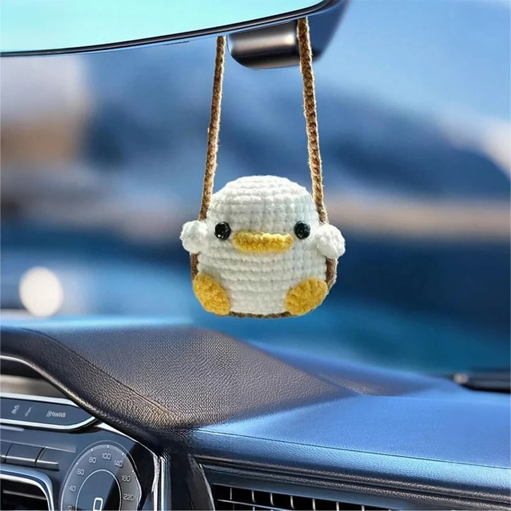 Handmade Crochet Animal Car Pendant Rearview Mirror Decor Duckling And Frog Charm 5