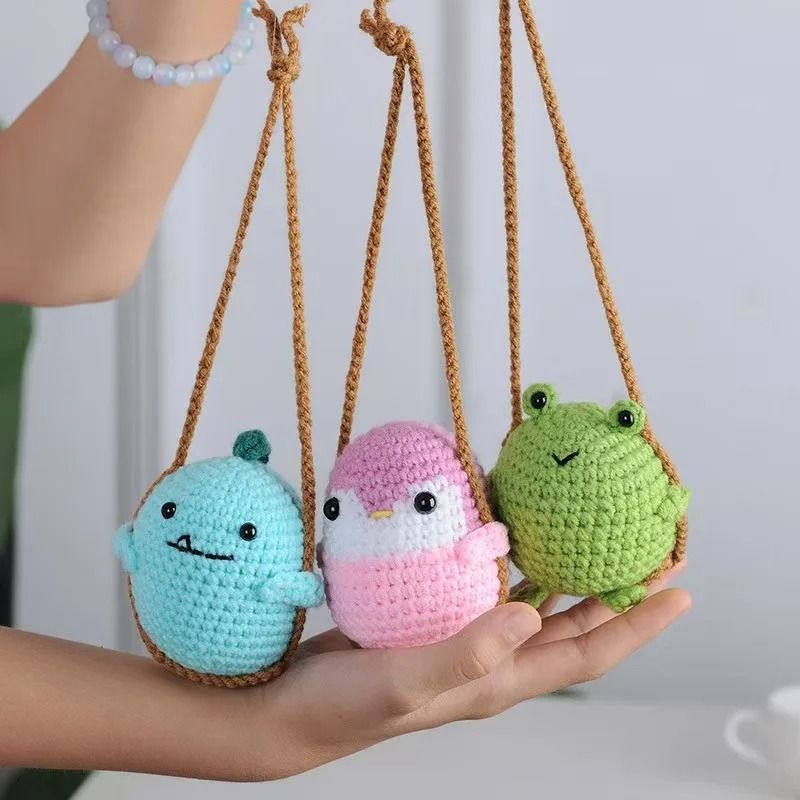 Handmade Crochet Animal Car Pendant Rearview Mirror Decor Duckling And Frog Charm 6