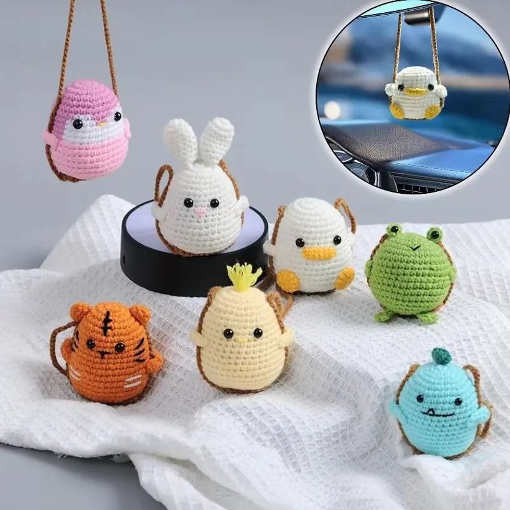 Handmade Crochet Animal Car Pendant Rearview Mirror Decor Duckling And Frog Charm 0