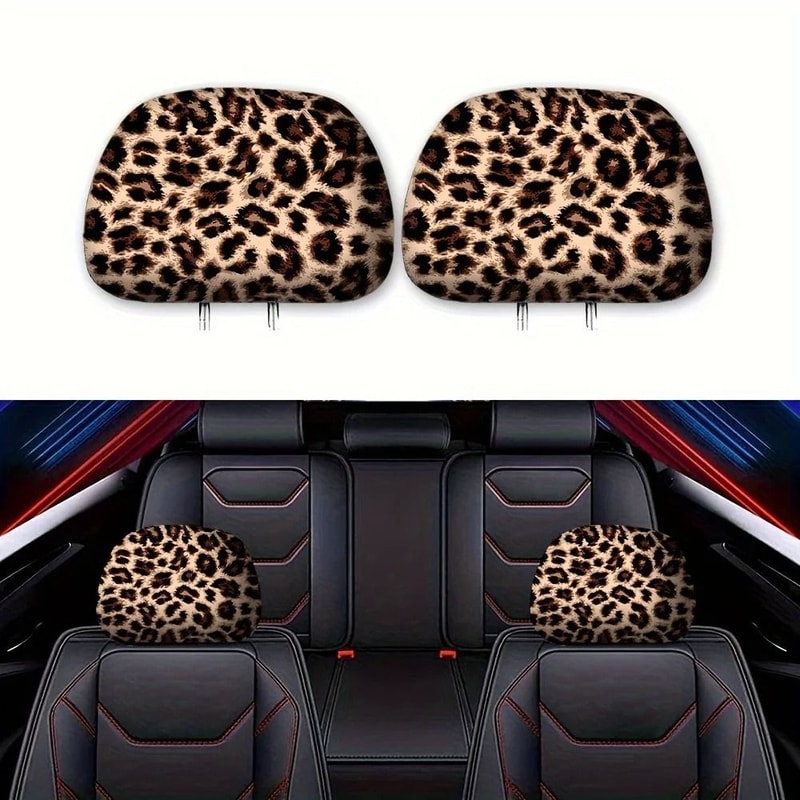 Leopard Print Car Headrest Covers 2 Piece Interior Accessory Set 3