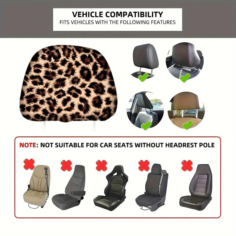 Leopard Print Car Headrest Covers 2 Piece Interior Accessory Set 4