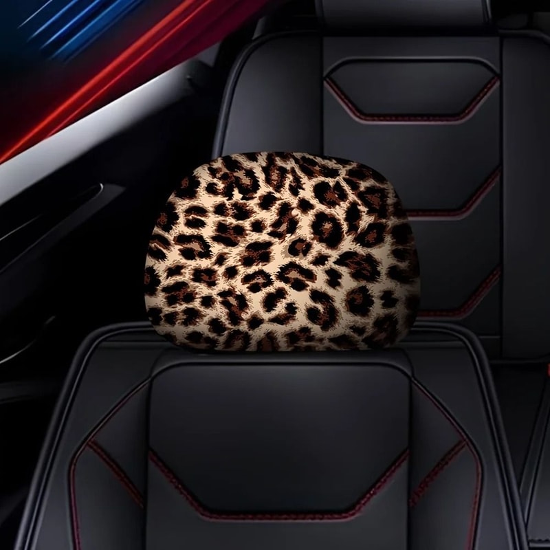 Leopard Print Car Headrest Covers 2 Piece Interior Accessory Set 5