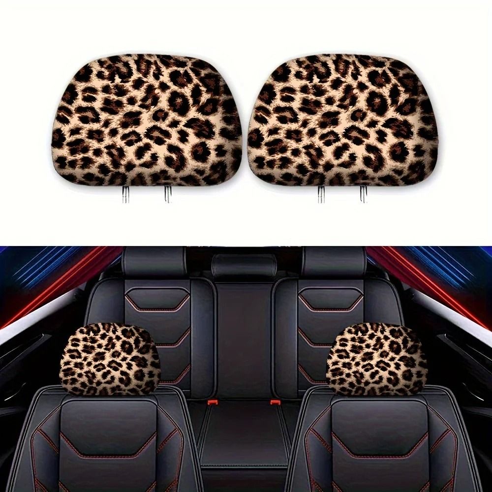 Leopard Print Car Headrest Covers 2 Piece Interior Accessory Set 0