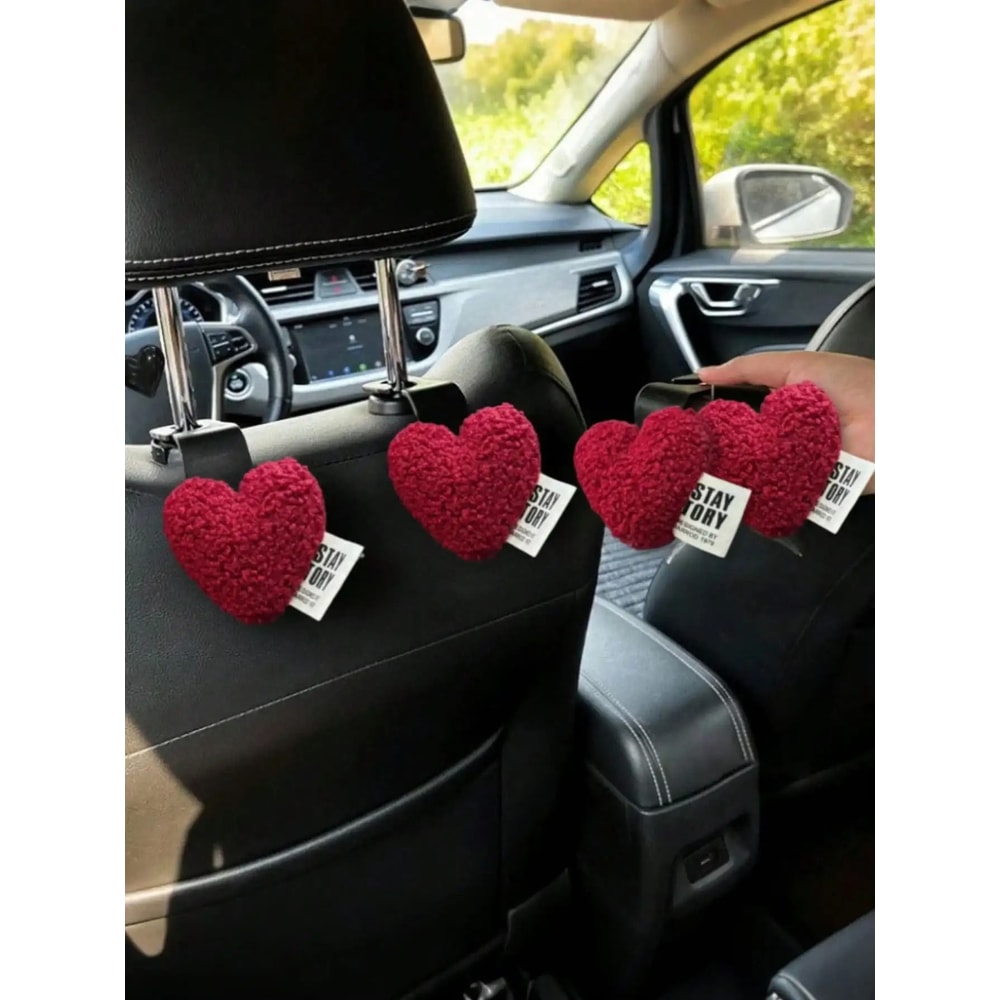 Plush Heart Shaped Car Seat Hooks Cute Backseat Organizer Set 7