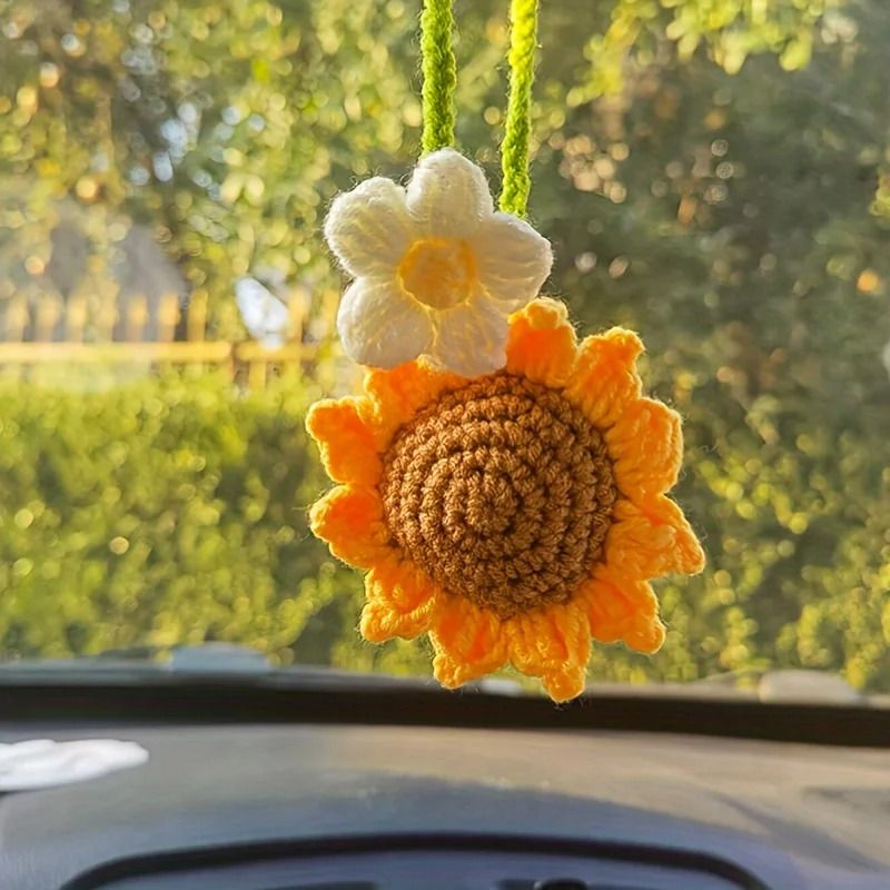 Handmade Woven Sunflower Car Hanging Ornament Rearview Mirror Decor 4