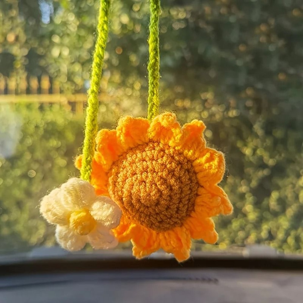Handmade Woven Sunflower Car Hanging Ornament Rearview Mirror Decor 5