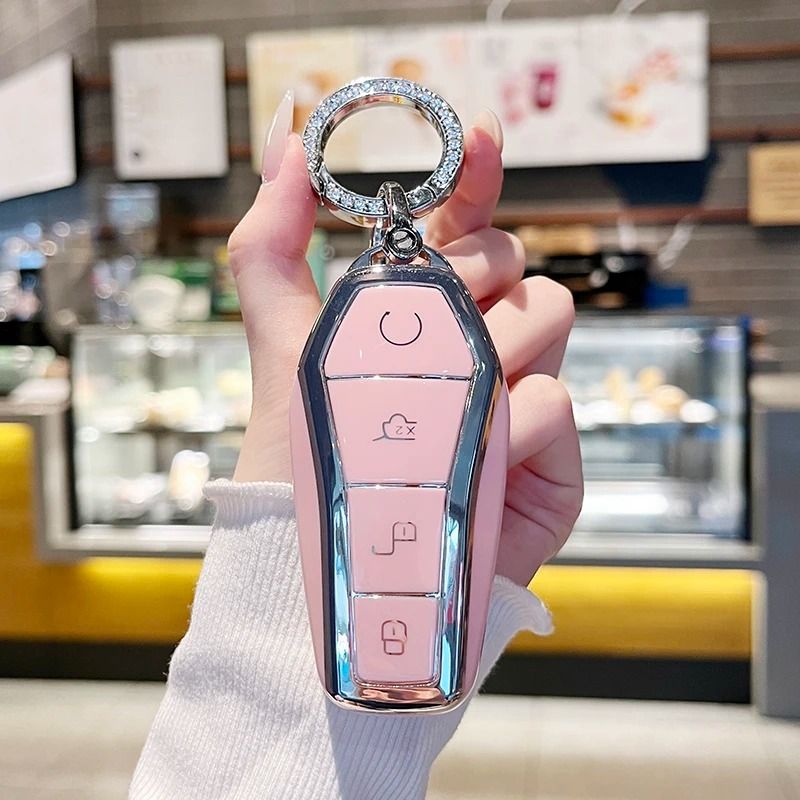 Pink BYD Key Fob Cover Case With Keychain For Atto 3 Han EV Dolphin 7
