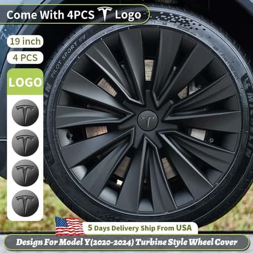 Tesla Model Y Turbine Style Matte Black Hubcap Cover Set