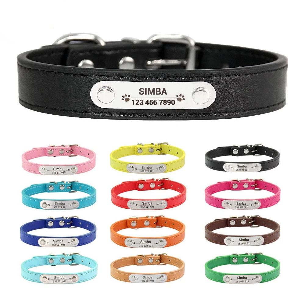 SafeTag Personalized PU Leather Dog Collar With Engraved Name ID 0