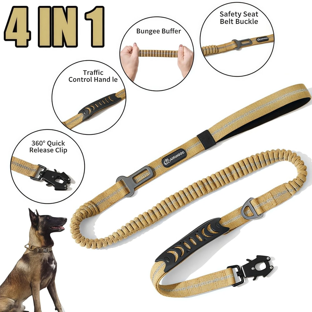 TrailGuard Reflective Tactical Dog Leash With Shock Absorbing Bungee And Car Seatbelt Clip 11